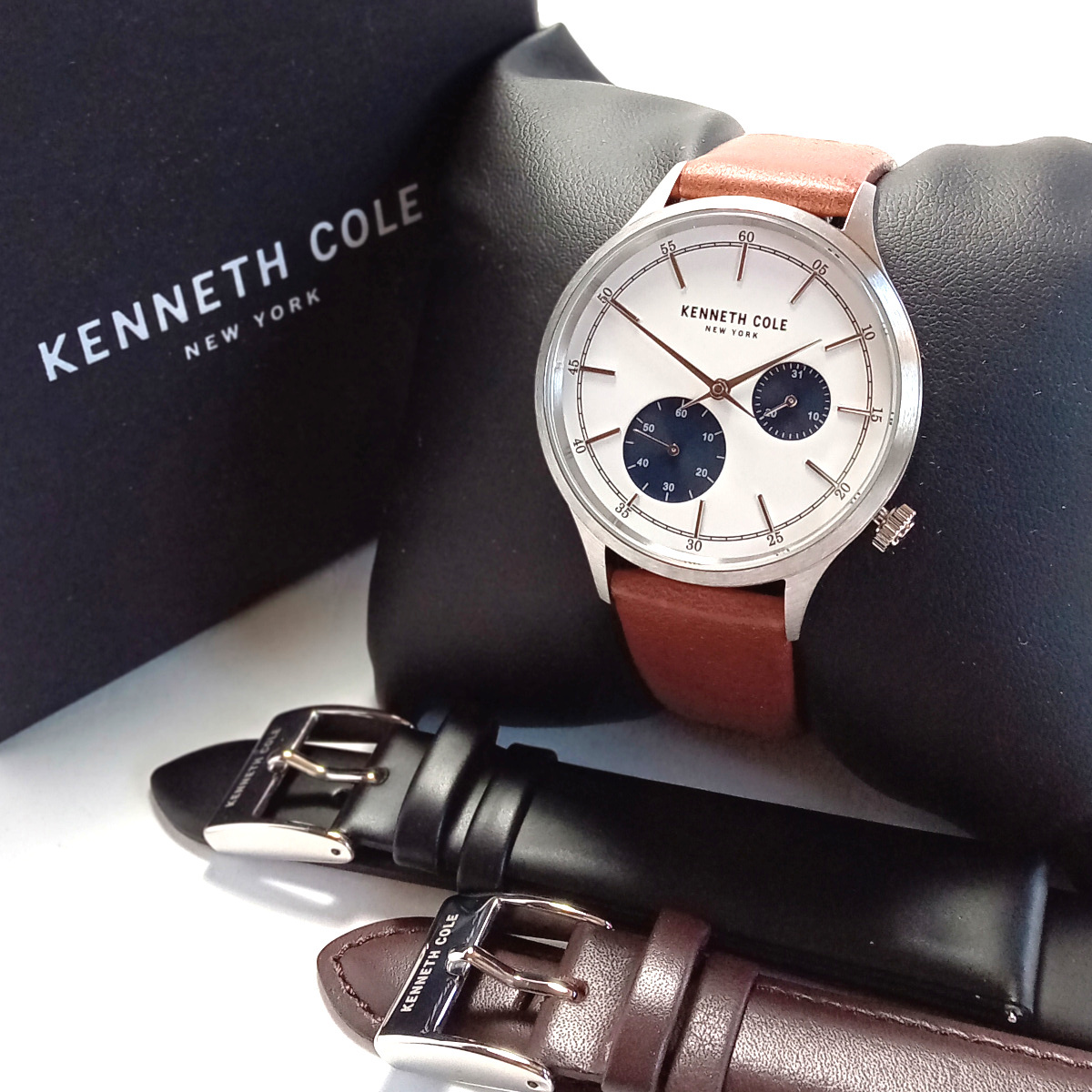 【kcw1】ケネスコール メンズ腕時計 アーバンスタイル マルチファンクション ホワイト×ブラウン 革/レザーベルト クォーツ KC51151001