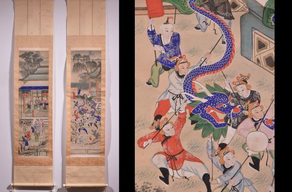 【瓢】中国　「舞龍図双幅」　無落款　古画　清時代　掛け軸_２７日午後９時台に終了します。