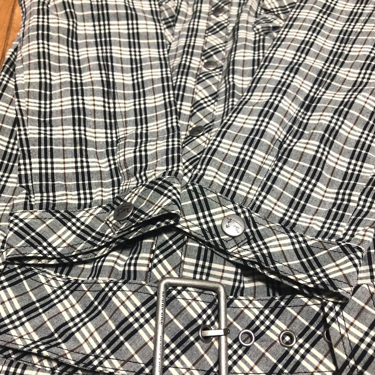 超美品☆ BURBERRY BLUE LABEL バーバリー　七分袖 ワンピース　グレー 黒 チェック柄 ひざ丈  ベルト付き