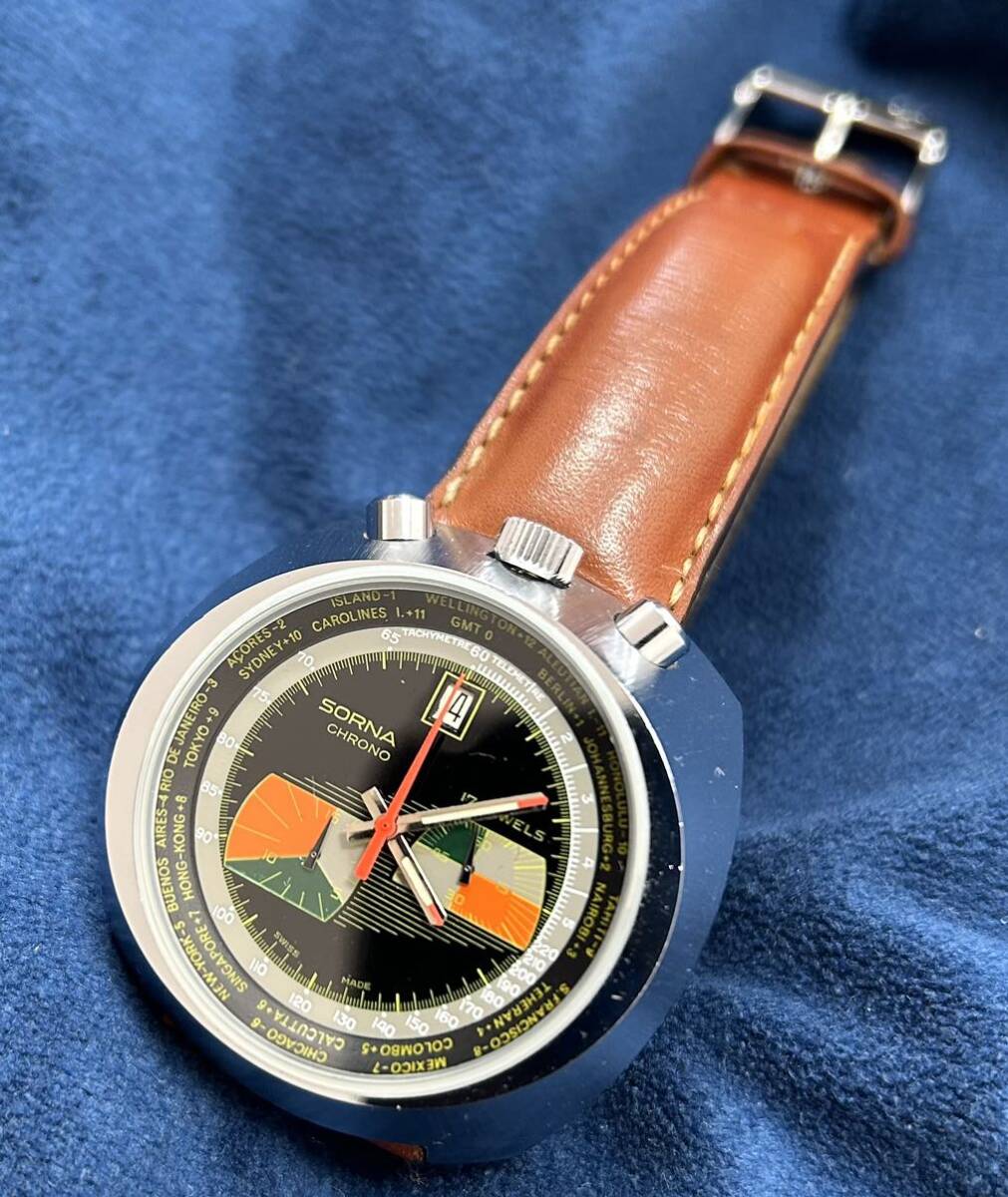  Switzerland operation hand winding antique so luna chronograph men's wristwatch SORNA chronograph men\'s antique watch manual winding swiss made