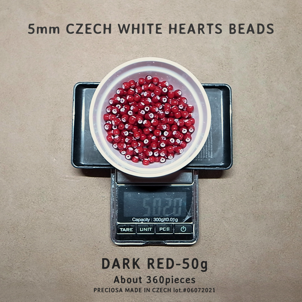 50g-5mm CZECH WHITE HEART BEADS- DARK RED/ 50g- 5mm チェコホワイトハーツビーズ- ダークレッド_画像1