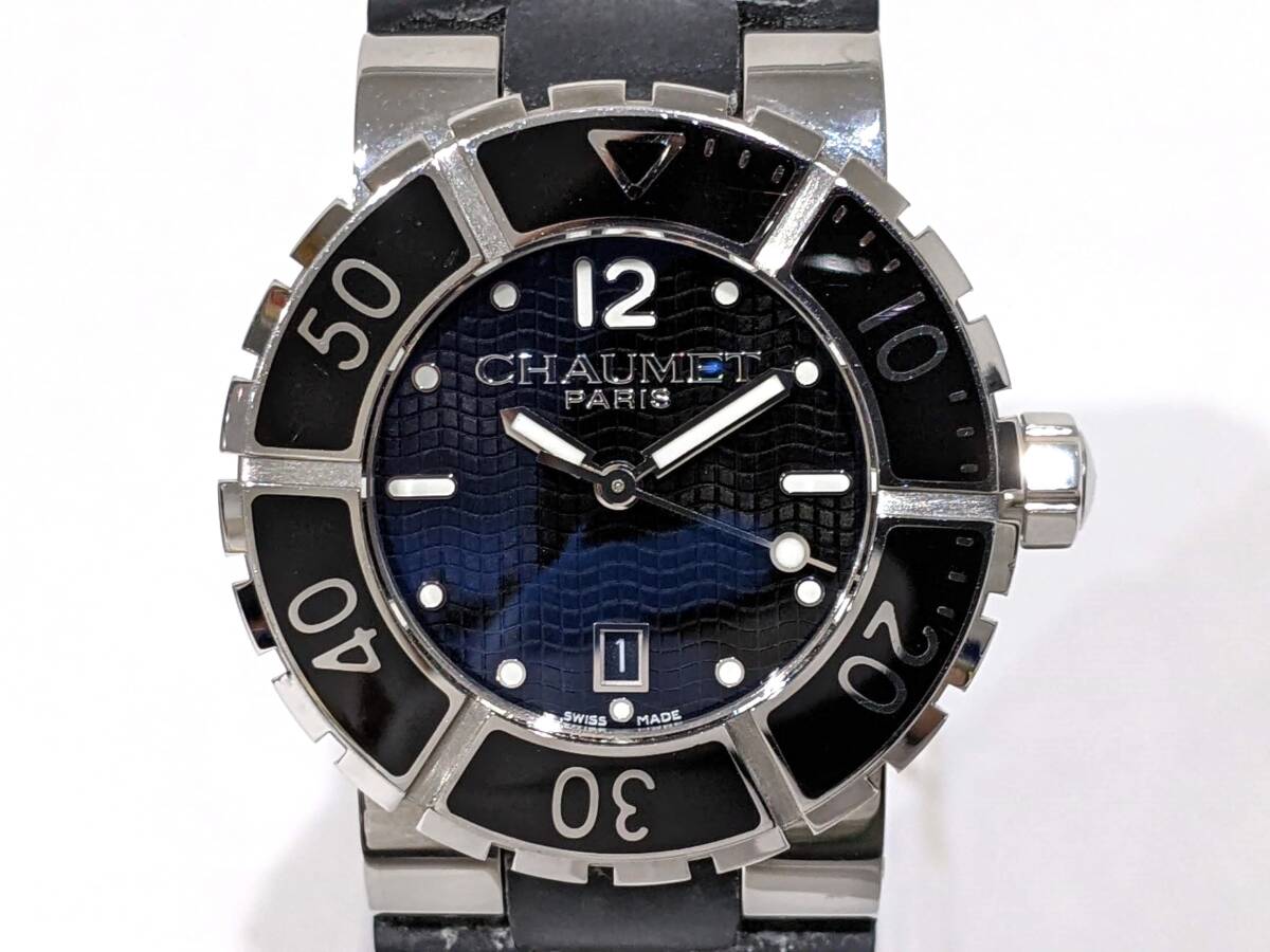 【H1506】1円 CHAUMET ショーメ 622C-5420 クラスワン クオーツ QZ 100M/333FT SS 黒文字盤 デイト シリコンバンド ブラック 黒 腕時計の画像2