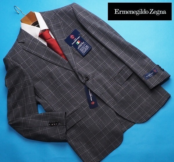 新品12.9万円 大手百貨店扱い 春夏『Ermenegildo Zegna ゼニア CROSS PLY 伊製生地』チェック柄 ジャケットAB7灰(G) 3552250の画像1