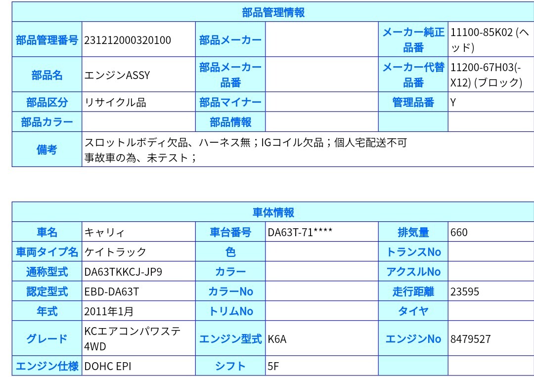 キャリィ EBD-DA63T エンジン 9型 KCエアコンパワステの画像7