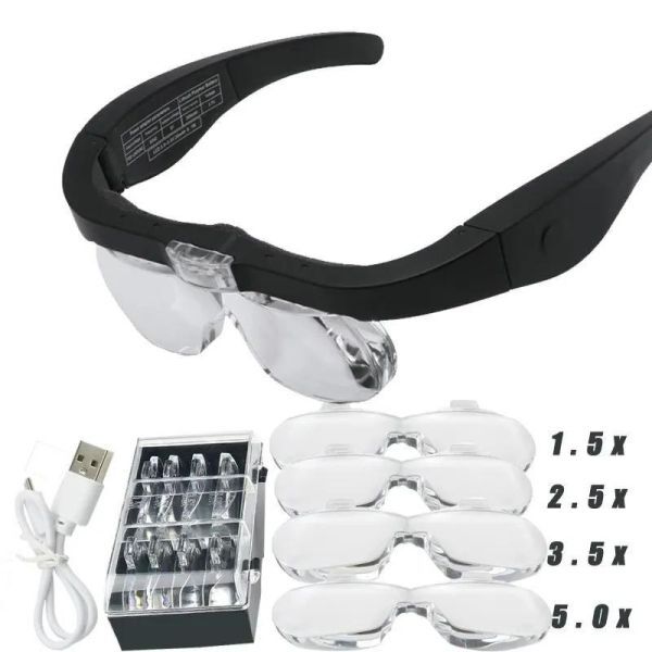 BI001: head mounted was done magnifying glass 2 LED light attaching reading clock Manufacturers repair USB rechargeable magnifying glass 1.5x 2.5x 3.5x 5.0x