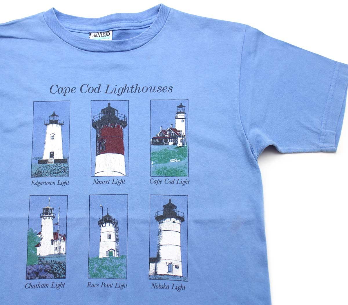 ★90s USA製 Cape Cod Lighthouses 灯台 アート コットンTシャツ ライトブルー L★オールド クルーネック_画像1