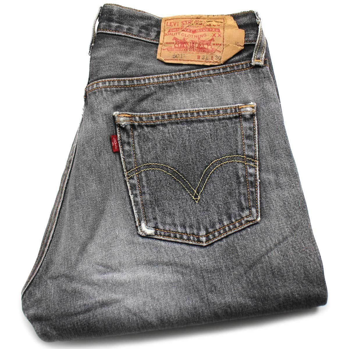 ★00s Levi'sリーバイス 501 先染め ブラック デニムパンツ ボロ フェード w31★SDP2537 オールド ジーンズ ストレート クラッシュ ヒゲ