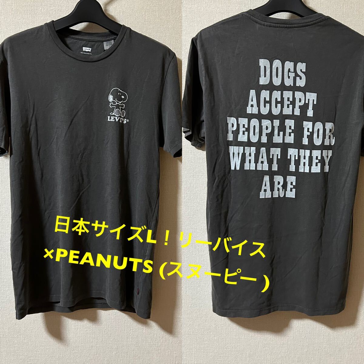 日本サイズL！リーバイス×PEANUTS (スヌーピー )古着半袖Tシャツ チャコールグレー タグ付きやや傷