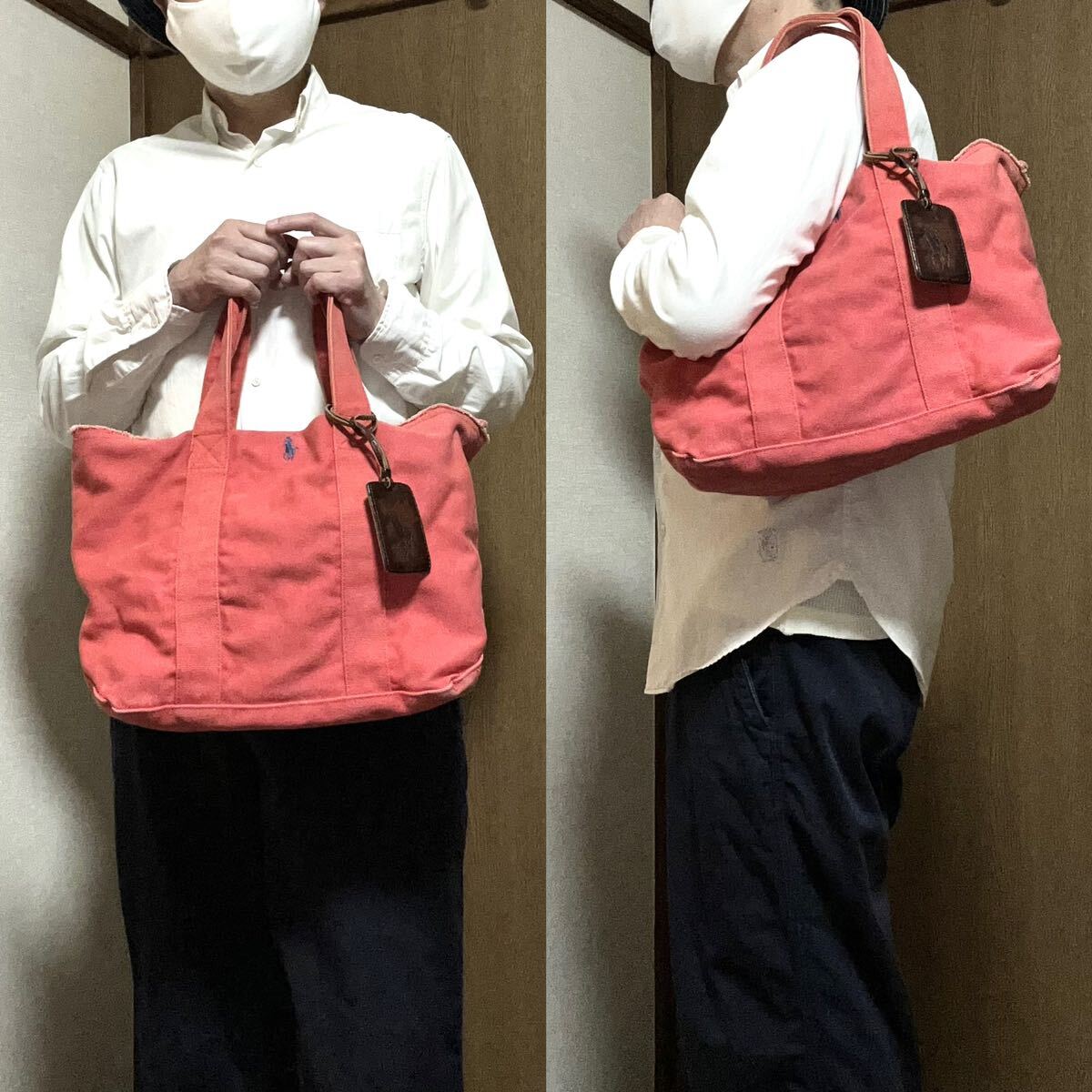 中ぶり！ポロラルフローレン 中古古着キャンバス手提げトートバッグ ヴィンテージ加工 刺繍ポニー 要サイズ状態確認！ POLO RALPH LAUREN_画像2