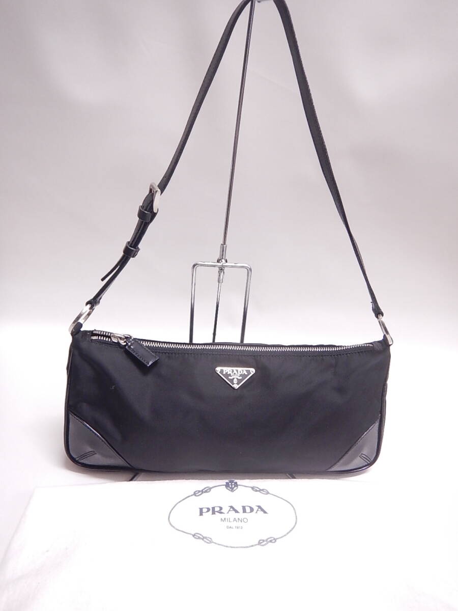 美品■PRADA プラダ テスートナイロン×レザー ワンショルダーバッグ ハンドバッグ 肩掛けかばん ブラック系■