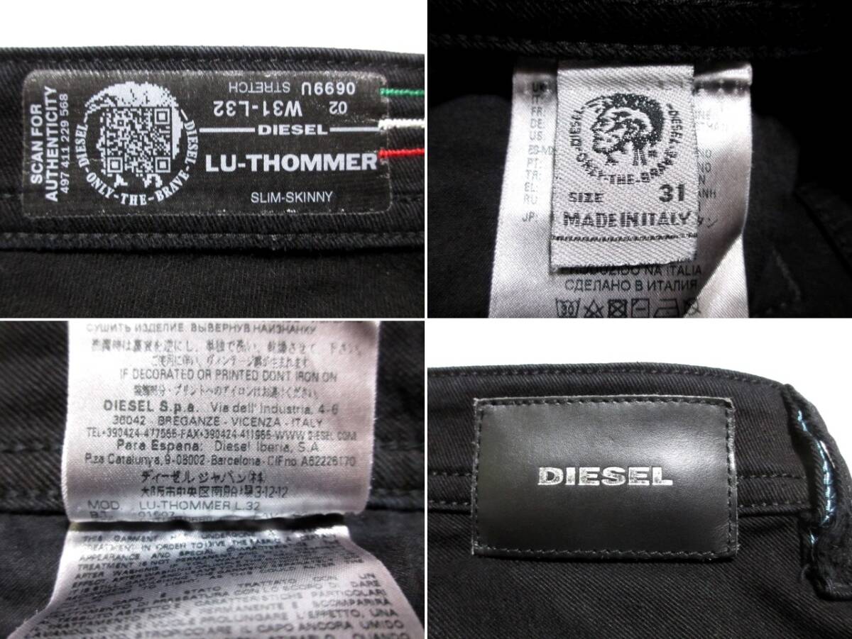 即決 限定品 最高級イタリア製 DIESEL LU-THOMMER ディーゼル トマー W31実82 スリムスキニー ストレッチ黒ジーンズ ダメージ加工 メンズ_ハイグレードモデルのイタリア製