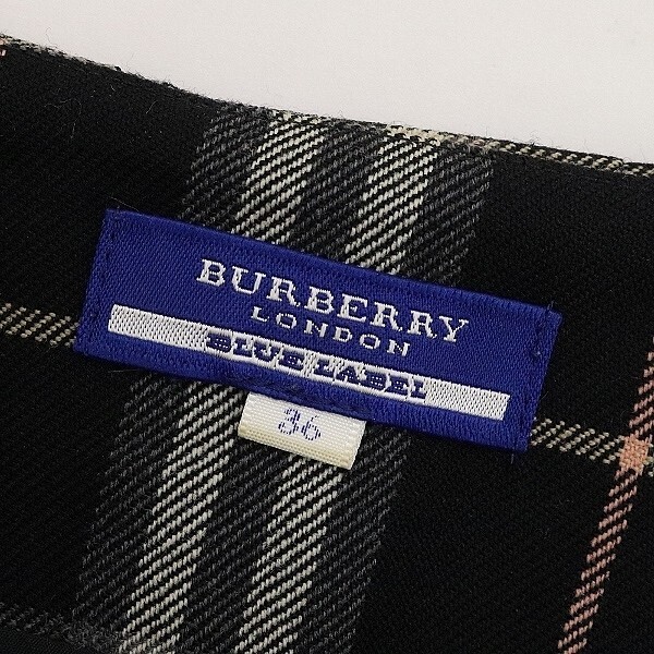 ◆BURBERRY BLUE LABEL バーバリー ブルーレーベル レザーベルト フリンジ チェック柄 ウール ラップ ミニ スカート ブラック 36_画像5