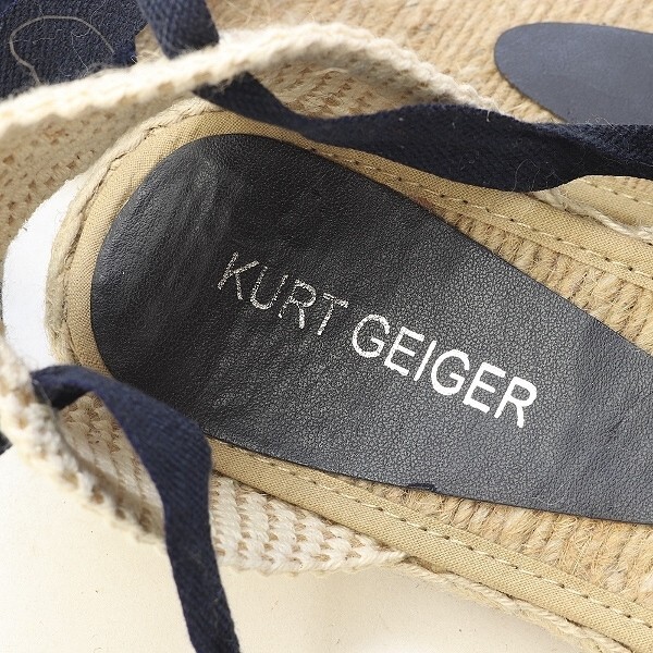 美品◆KURT GEIGER カートガイガー キャンバス×ジュート レースアップ アンクルリボン セパレート フラット パンプス ネイビー 39_画像6