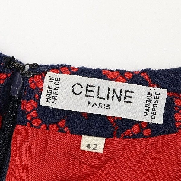 ヴィンテージ◆CELINE セリーヌ 花柄 総レース ノースリーブ ワンピース 紺 ネイビー×レッド 42_画像4