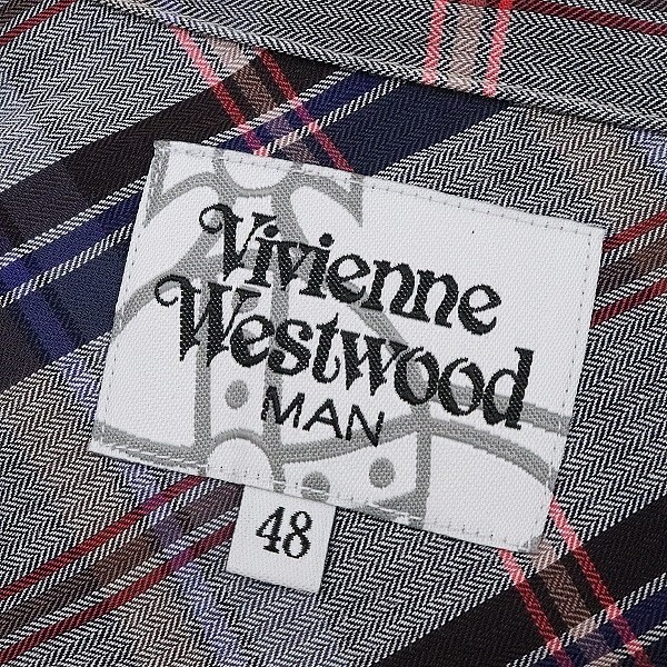 ◆Vivienne Westwood MAN ヴィヴィアンウエストウッド マン ヘリンボーン チェック柄 オーブ刺繍 コットン 長袖 シャツ 48_画像6