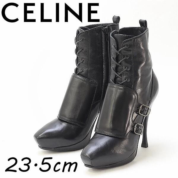 ◆CELINE セリーヌ レザー レースアップ ベルト ハイヒール ショート ブーツ 黒 ブラック 37_画像1