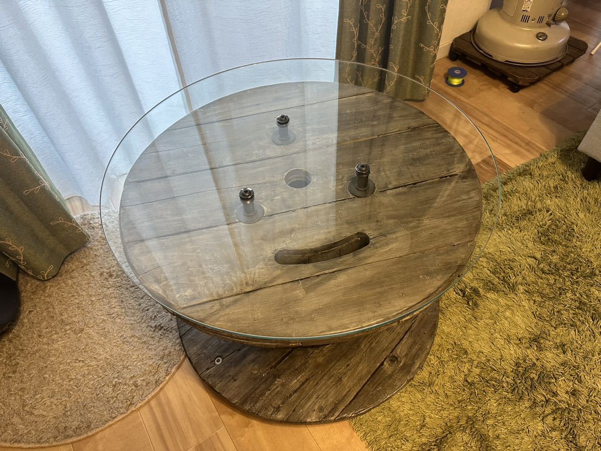 木製ドラム 電線ドラム 丸テーブル ガラス天板センターテーブル の画像5