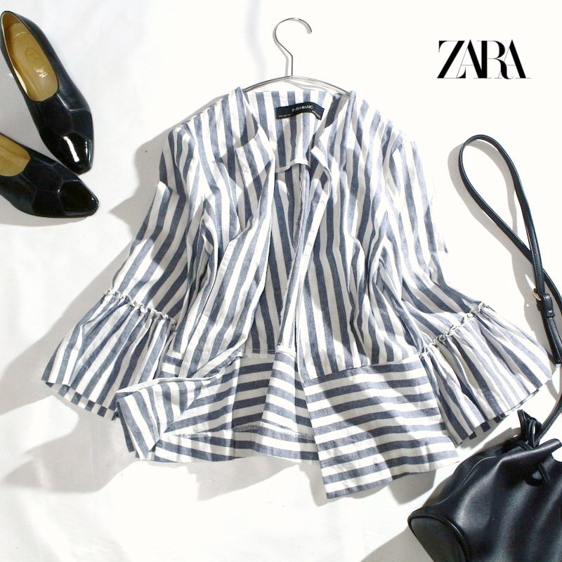 ZARA BASIC ザラ ベーシック 春 夏 さらり シャツ ストライプ柄 サマージャケット ホワイト 白 ネイビー 紺 S カジュアル ナチュラル_画像1