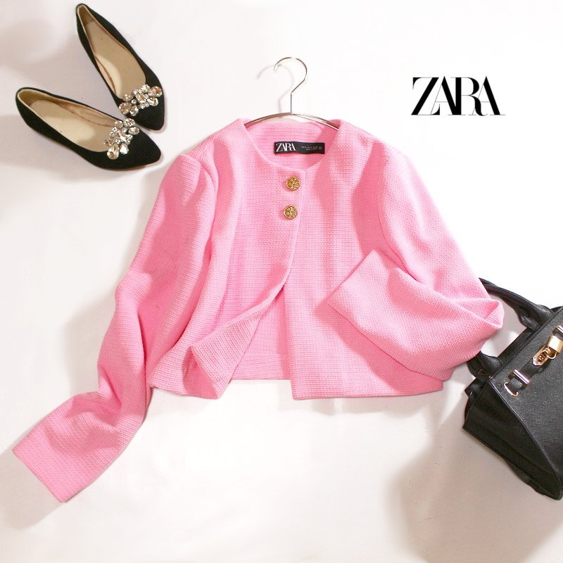 ZARA ザラ 春 夏 鮮やか 綺麗色 単色 ツイード ノーカラージャケット ブレザー S ピンク ショート丈 ショートジャケット_画像1