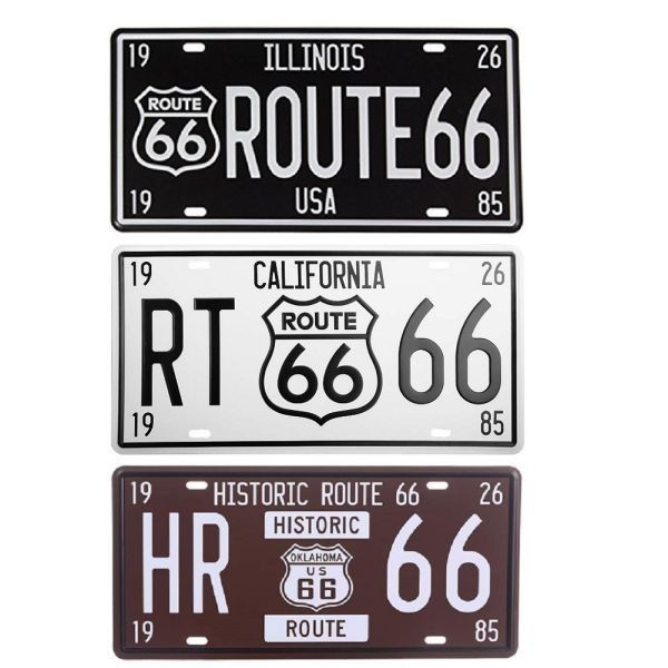 K109 新品●３枚セット アメリカ雑貨 ROUTE66 ナンバープレート型 ブリキ看板 おしゃれ かっこいい インテリアに ビンテージ レトロ_画像1