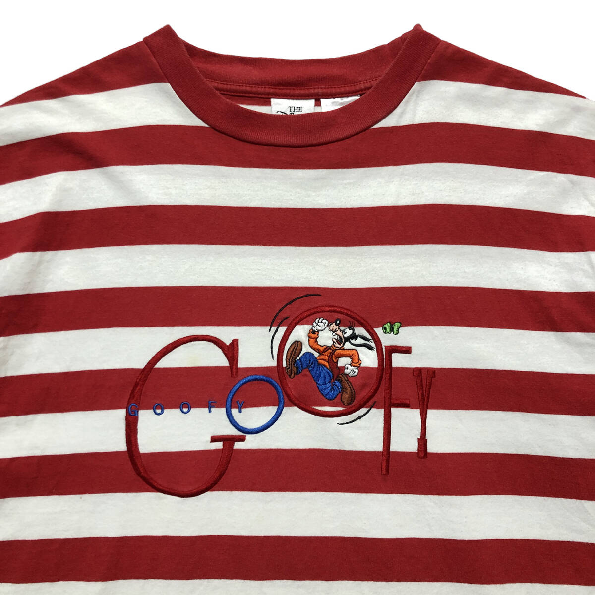 USA 古着 半袖 Tシャツ ディズニー グーフィー 刺繍 ボーダー メンズL 赤 レッド Disney BA2440