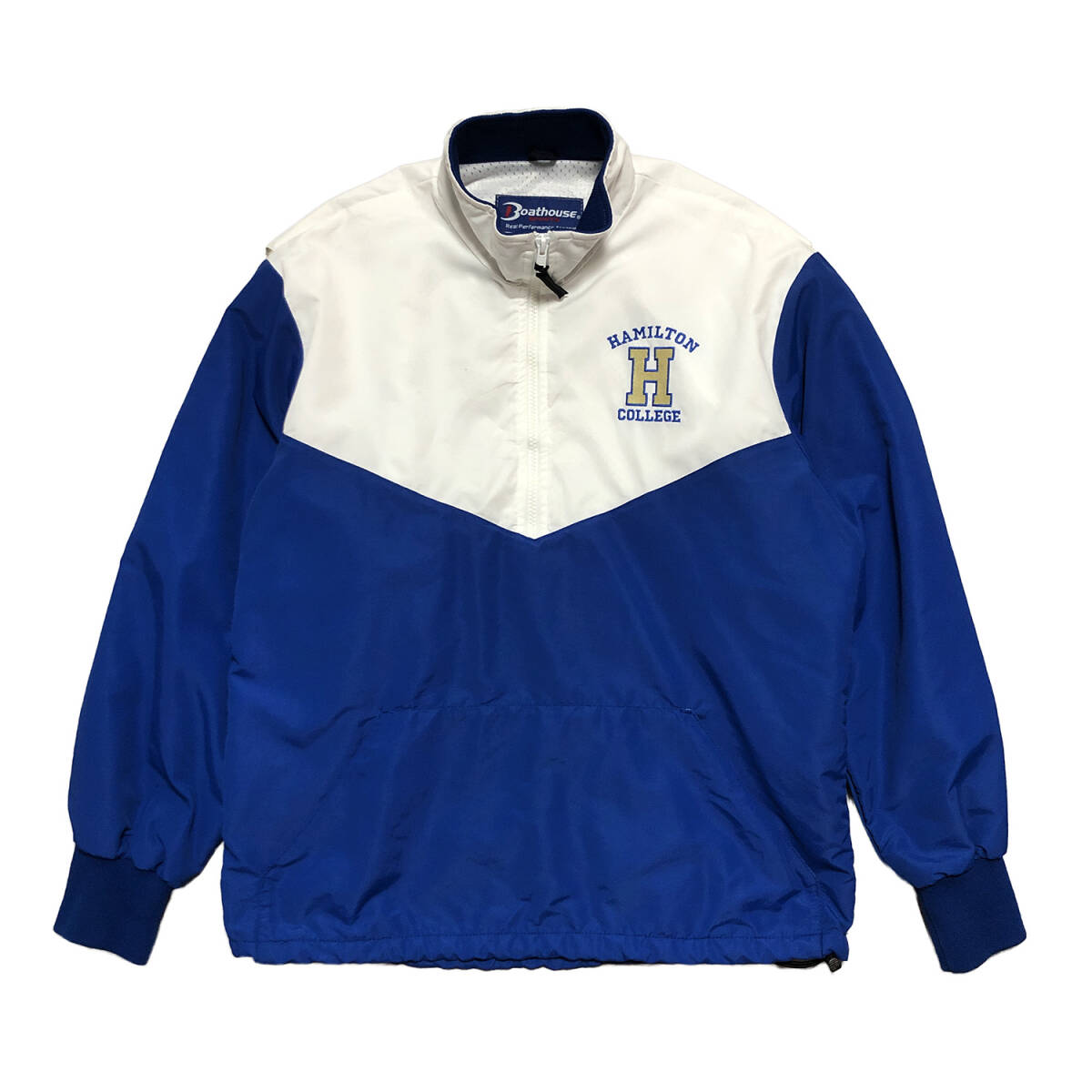 90S USA製 古着 ナイロンジャケット ハーフジップ ハミルトン大学 カレッジ ロゴ 刺繍 メンズS ホワイト ブルー AM0107