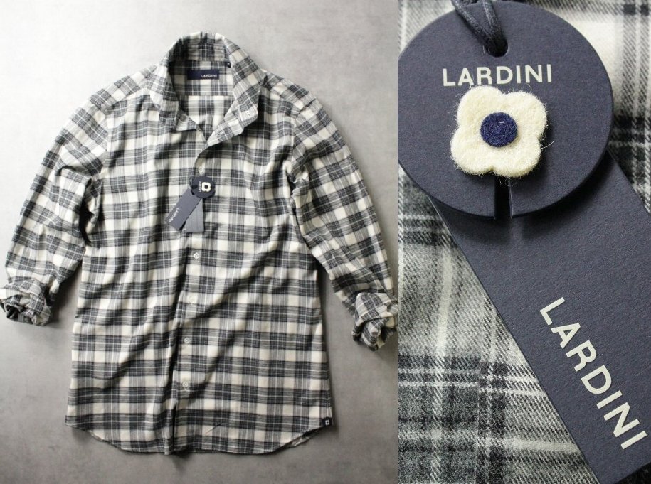 【LARDINI】ラルディーニ　白×グレーのチェック柄ネルシャツ 40cm ブートニエール付 新品未使用 ４万円程度_画像1