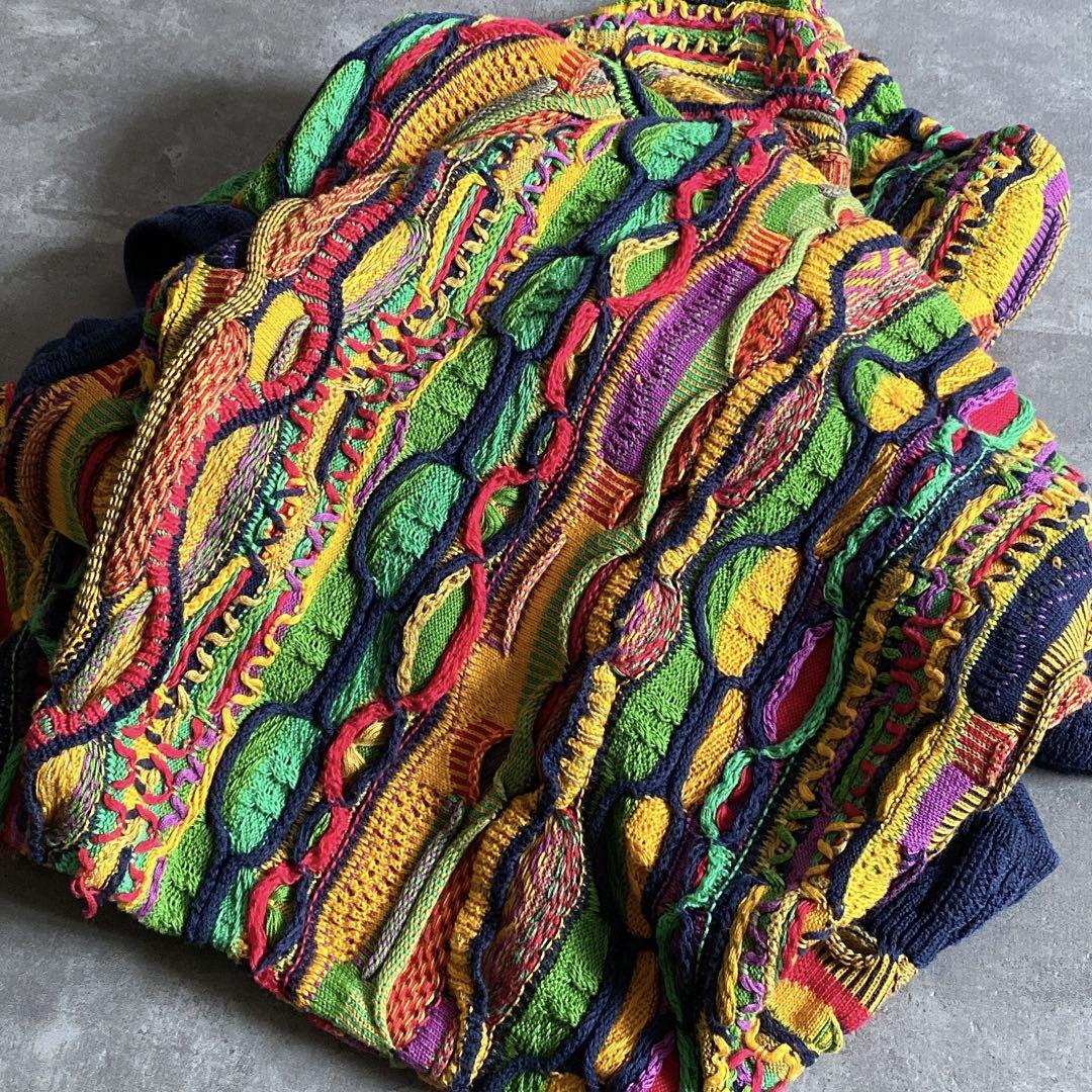 90s COOGI AUSTRALIA クージー オーストラリア製 3D 立体 編み コットン ニット セーター L マルチ 総柄 クレイジー 90年代 ビンテージ_画像5