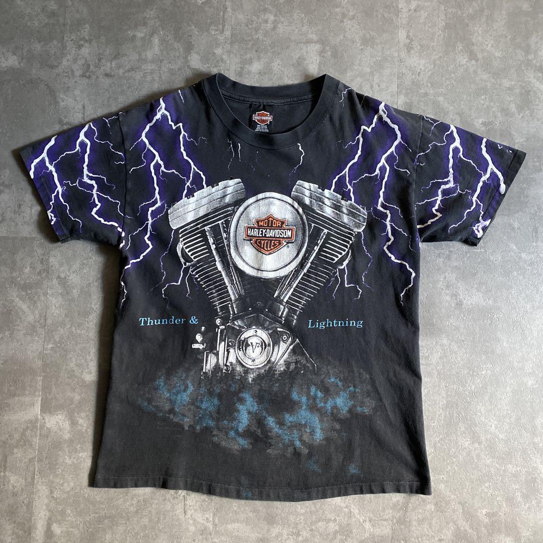 90s ビンテージ HARLEY DAVIDSON ハーレー ダビッドソン Thunder & Lightning サンダー ライトニング V2 エンジン 総柄 Tシャツ USA製 L