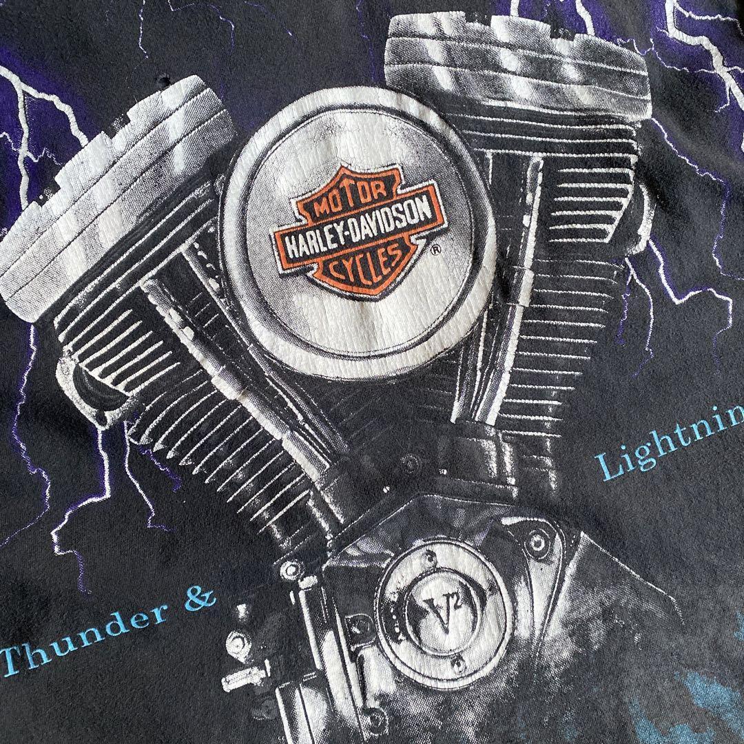 90s ビンテージ HARLEY DAVIDSON ハーレー ダビッドソン Thunder & Lightning サンダー ライトニング V2 エンジン 総柄 Tシャツ USA製 Lの画像5