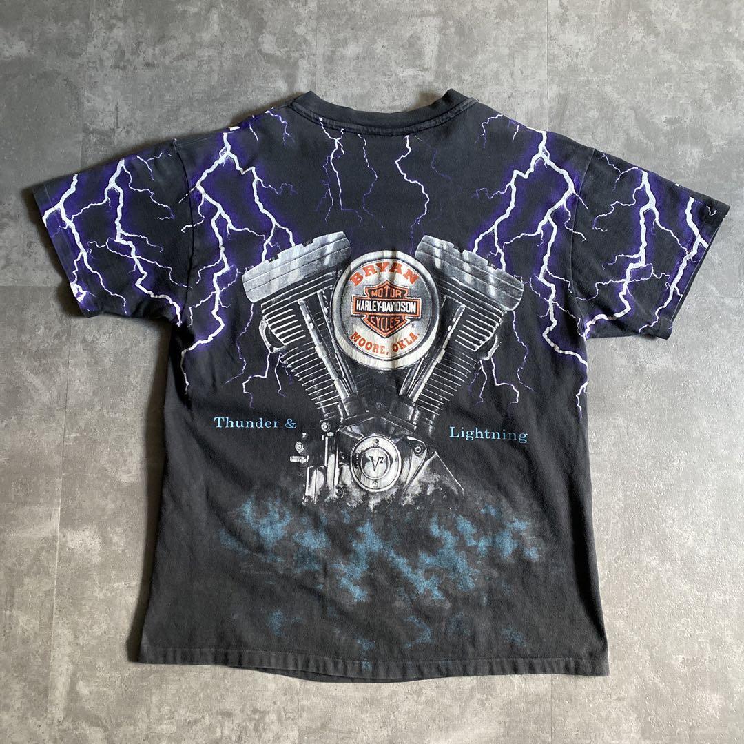 90s ビンテージ HARLEY DAVIDSON ハーレー ダビッドソン Thunder & Lightning サンダー ライトニング V2 エンジン 総柄 Tシャツ USA製 Lの画像9