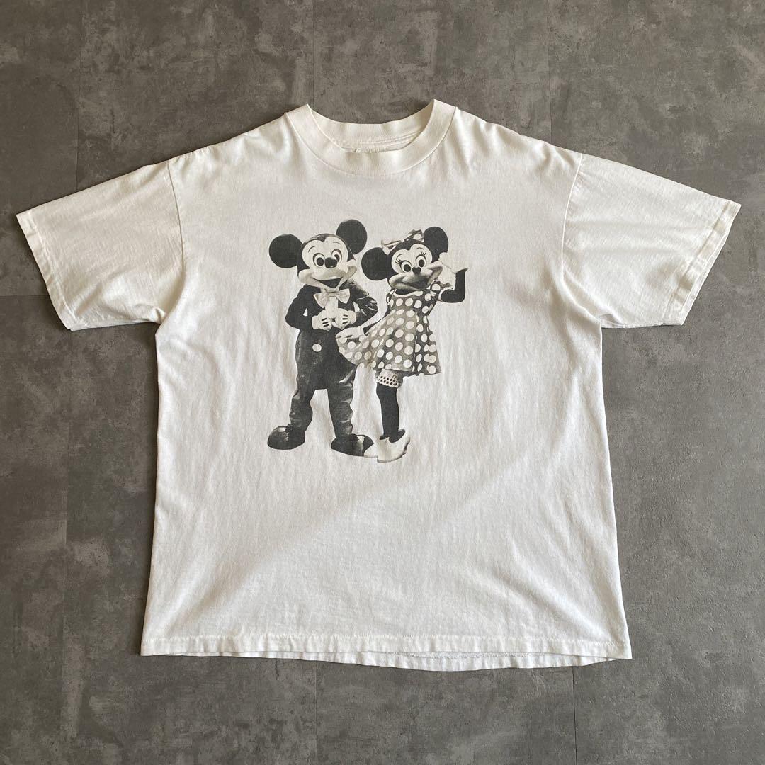 80s 90s ビンテージ USA製 Disney ディズニー Mickey Mouse Minnie Mouse ミッキー マウス ミニー マウス モノクロ フォト Tシャツ Lの画像1