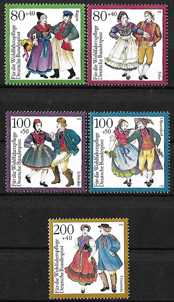 ★1993年 -ドイツ - かわいい切手「民族衣装」5種完 未使用(MNH)(SC#B751-B755)★ZH-314_画像1