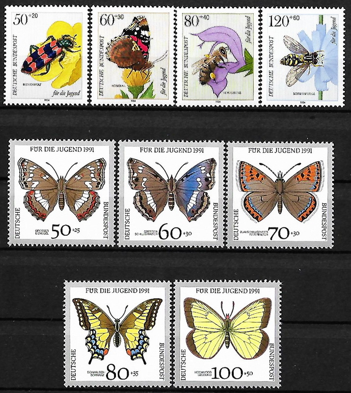 ★1984~1991年 -ドイツ- 「花と昆虫」4種完 + 「蝶」5種 未使用(MNH)(SC#B616-B619)(SC#B706-B711)★ZR-405_画像1