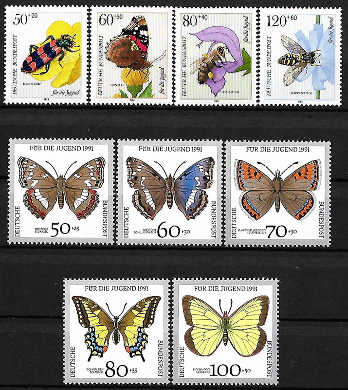 ★1984~1991年 -ドイツ- 「花と昆虫」4種完 + 「蝶」5種 未使用(MNH)(SC#B616-B619)(SC#B706-B711)★ZR-417_画像1