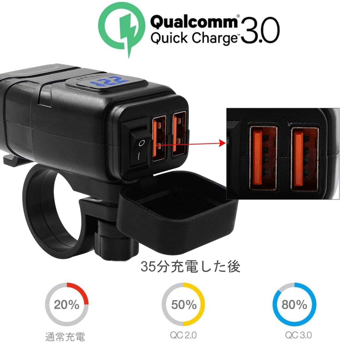 BlueFire バイクusb電源 防水 ソケット オートバイ専用電源 2*QC3.0急速充電ポート 電圧計 独立電源ON/OFF_画像2