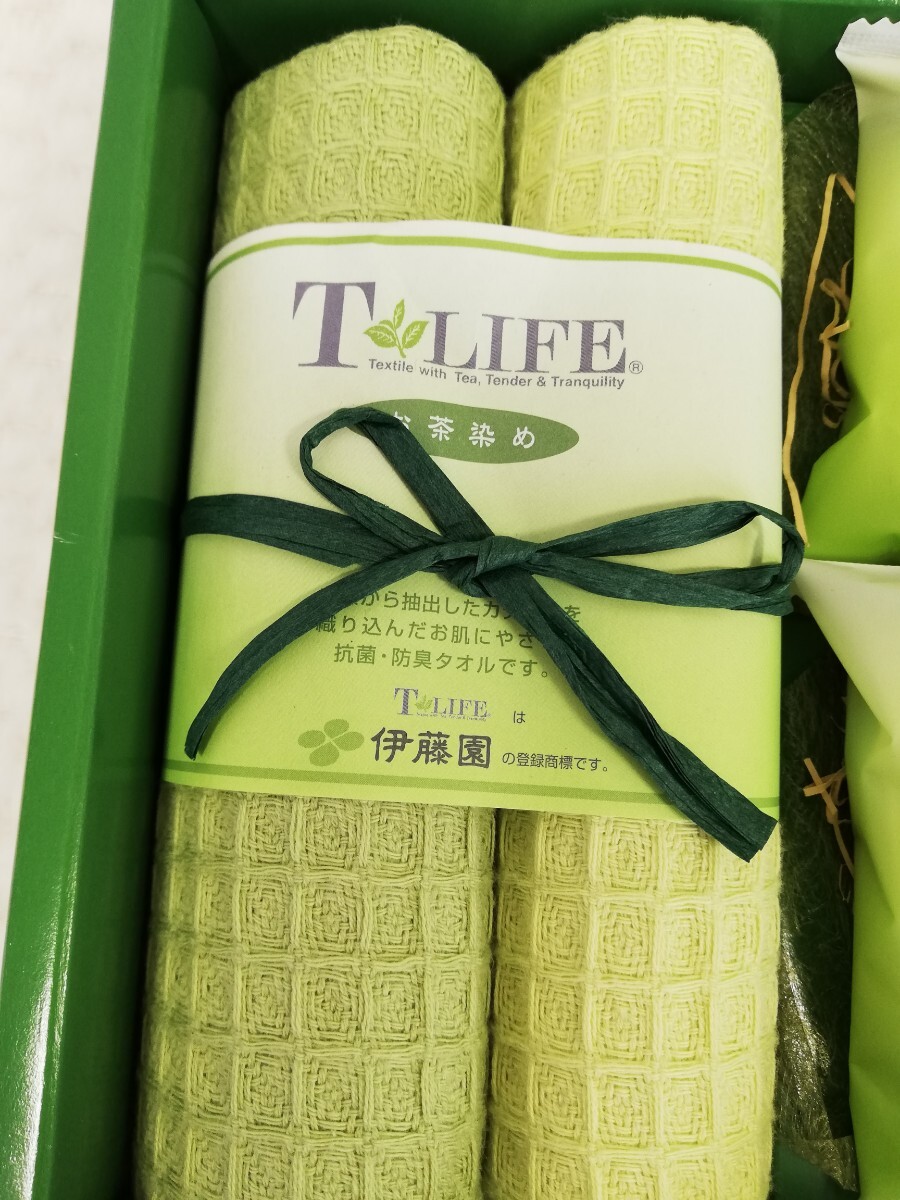 【未使用】T-Life ティ-ライフ お茶染 抗菌+防臭+安全 ハンドタオル3枚 緑茶石鹸2個 セットの画像2