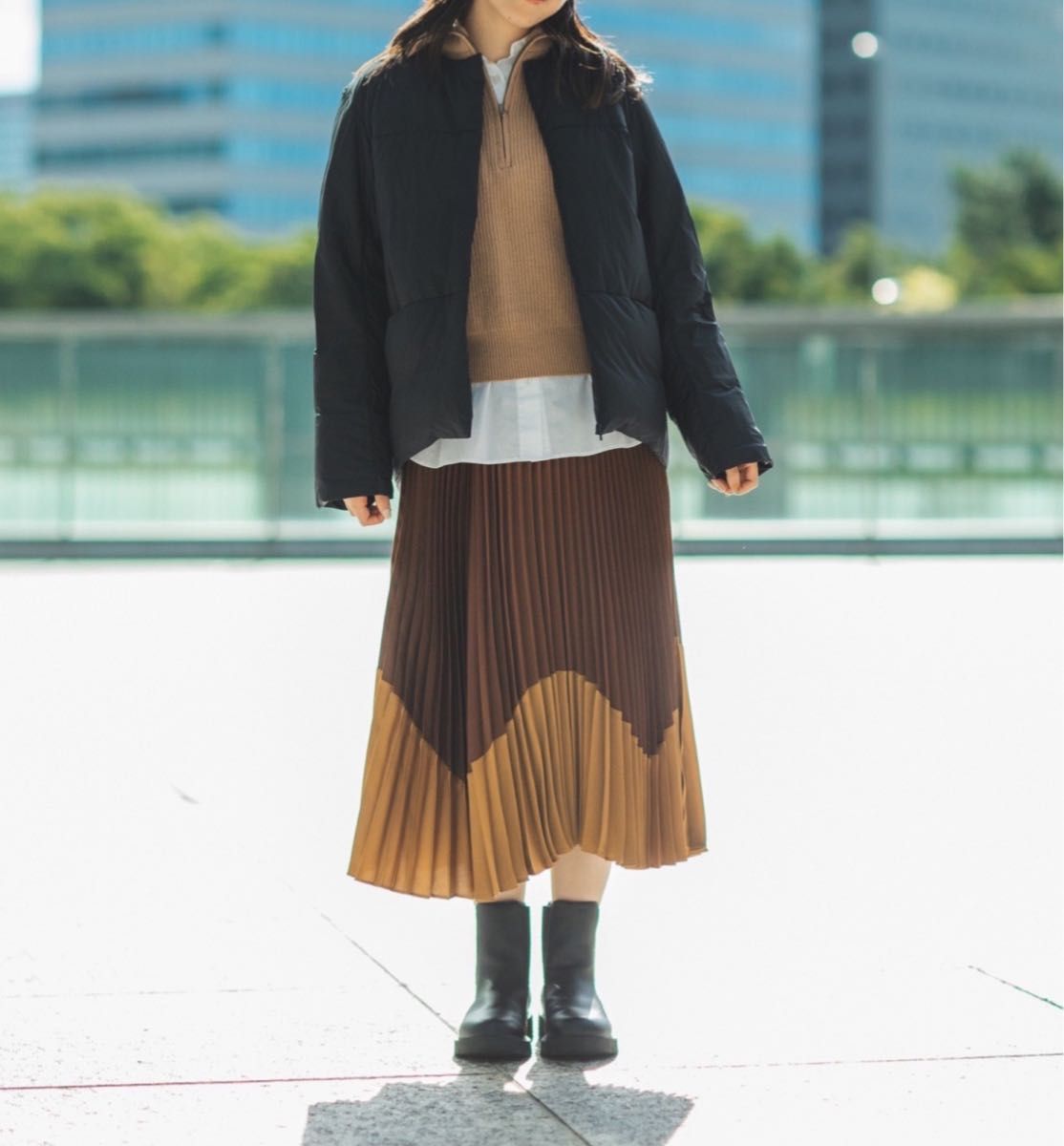 新品★UNIQLO:C ユニクロ　プリーツカラーブロックスカート　ブラウン　Sサイズ