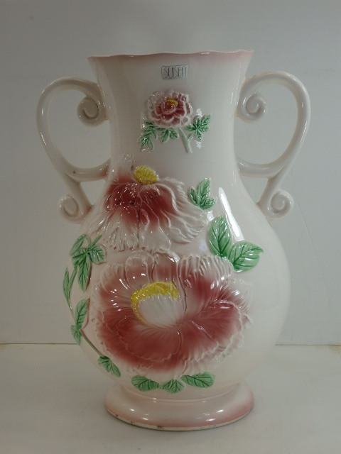 B◇陶器 花瓶 洋風花瓶 持ち手付 花器 花入 フラワーベース 高さ約34㎝_画像1