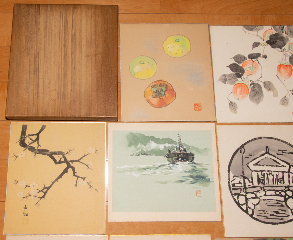 【模写】桐製 色紙函 色紙 22枚 日本画 アンティーク 古美術品 絵画 煎茶道具_画像2