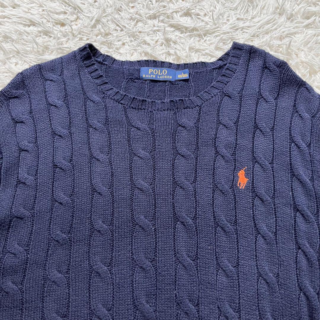 現行タグ POLO RALPH LAUREN ラルフローレン ケーブルニット L ゆったり ビッグシルエット ネイビー ロゴ刺繍 メンズ ポニーロゴ 通学_画像3