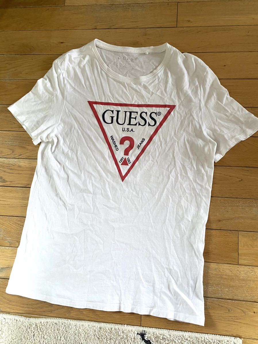 セール 即決1円 GUESS ゲス メンズ ロゴプリント クルーネック 半袖Tシャツ 白 中古の画像2