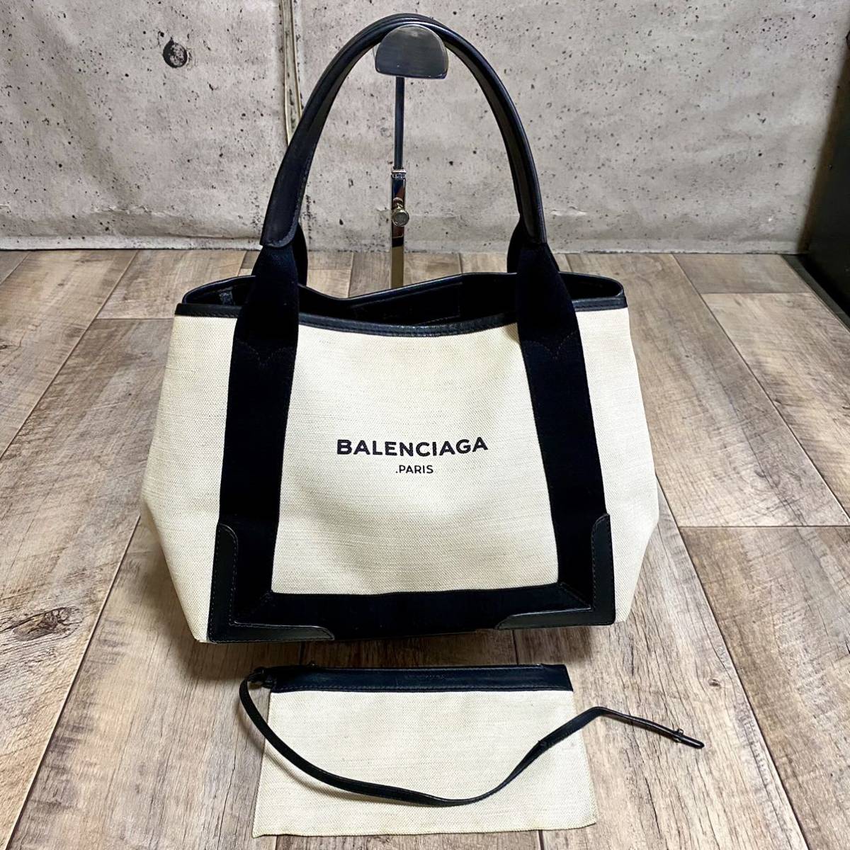 本物 BALENCIAGA バレンシアガ ネイビーカバ S ハンドバッグ ミニトートバッグ アイボリー ブラック 黒 本革 レザー キャンバス レディース_画像1