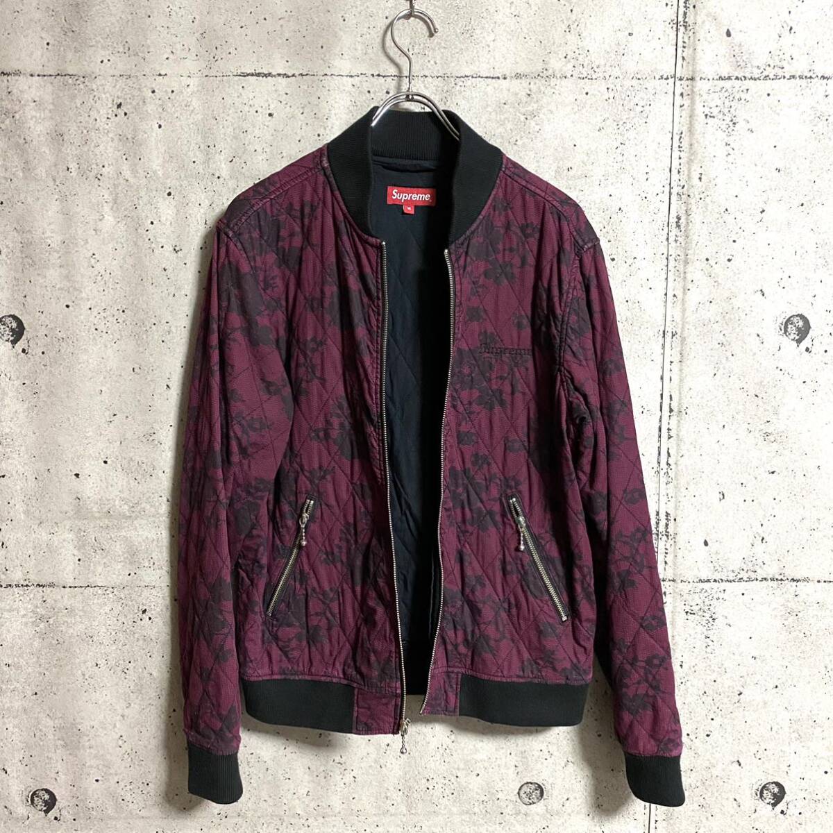 本物☆Supreme シュプリーム Quilted Lace Bomber Jacket キルティング コットン ボンバー ジャケット M ワイン ブラック 黒 MA1 花柄 MA-1