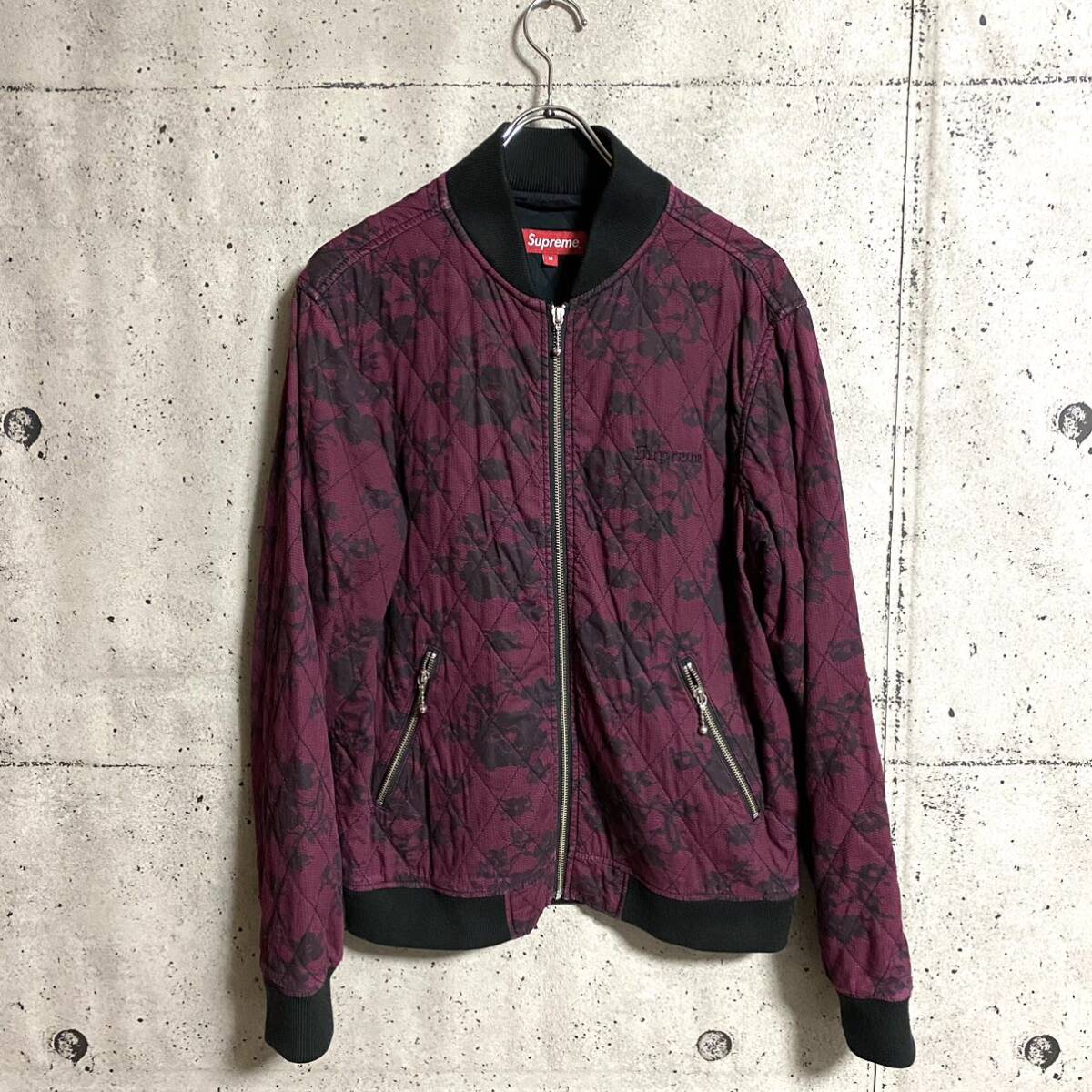 本物☆Supreme シュプリーム Quilted Lace Bomber Jacket キルティング コットン ボンバー ジャケット M ワイン ブラック 黒 MA1 花柄 MA-1