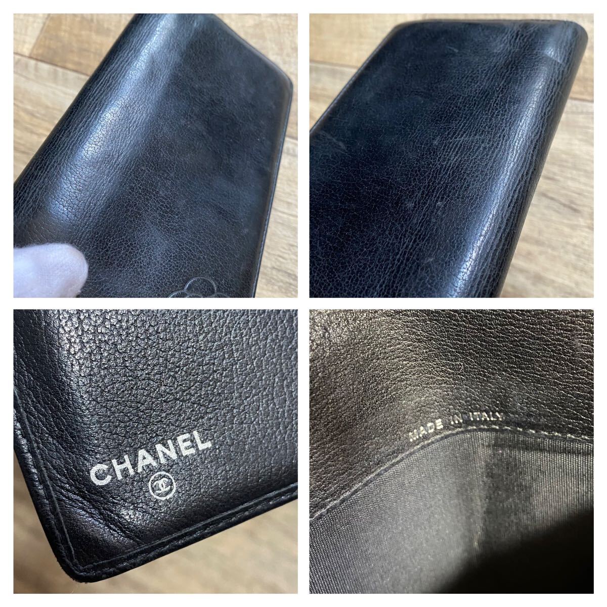 本物☆CHANEL シャネル ロゴ カメリア バタフライ 長財布 レザー ウォレット 黒 ブラック ココマーク 折り財布 オールド レディース メンズ