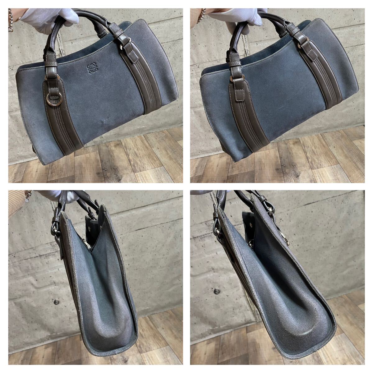 本物☆LOEWE ロエベ アナグラム柄 スエードレザー ハンドバッグ カモッシオ ダークグレー トートバッグ レザーバッグ レディース オールド