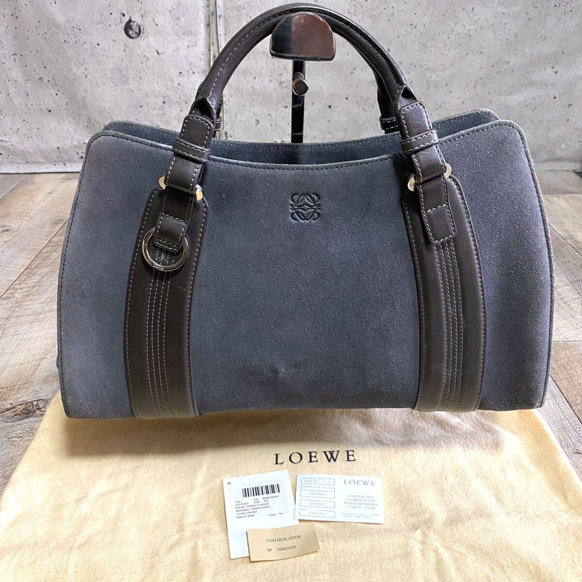 本物☆LOEWE ロエベ アナグラム柄 スエードレザー ハンドバッグ カモッシオ ダークグレー トートバッグ レザーバッグ レディース オールド