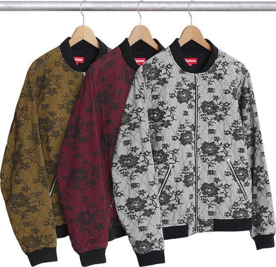 本物☆Supreme シュプリーム Quilted Lace Bomber Jacket キルティング コットン ボンバー ジャケット M ワイン ブラック 黒 MA1 花柄 MA-1