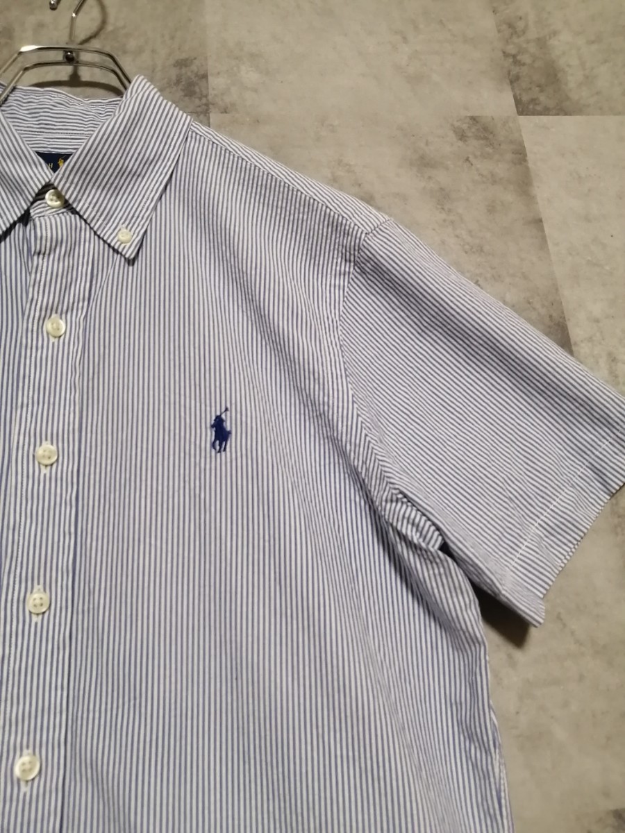 POLO RALPH LAUREN ポロラルフローレン　ストライプ半袖シャツ　S ボタンダウンシャツ ブルー×ホワイト　OSAGARI